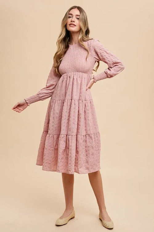 textured tiered midi dress Annie Wear Textured Smocking Bodice Tiered Midi Dress – Modest Dress Co